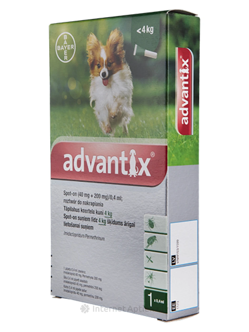 Advantix šķīdums pret blusām un ērcēm suņiem līdz 4 kg, 1 gb. | internetaptieka.lv