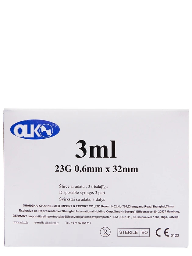OLKO šļirce 3 ml ar adatu 23G 0,6 x 32 mm, 3-daļīga, 100 gab.