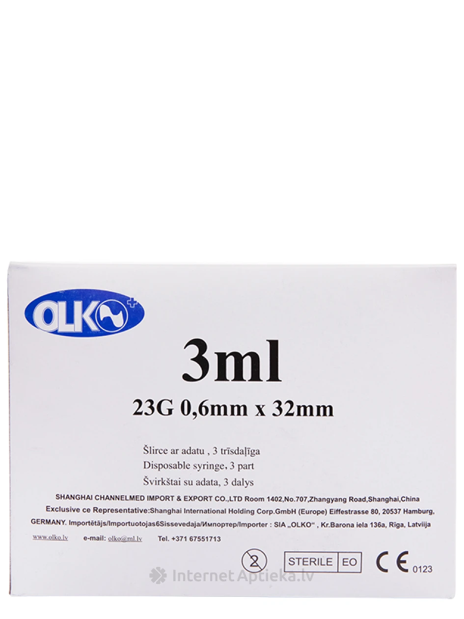 Olko Šļirce 3 ml, 23 G,  3-daļīga, ar adatu 0.6 x 32 mm, 100 gb. | internetaptieka.lv
