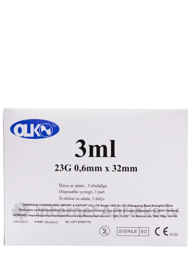 Olko süstal 3 ml, 23 G, 3-osaline, nõelaga 0,6 x 32 mm, 100 tk. | internetaptieka.lv