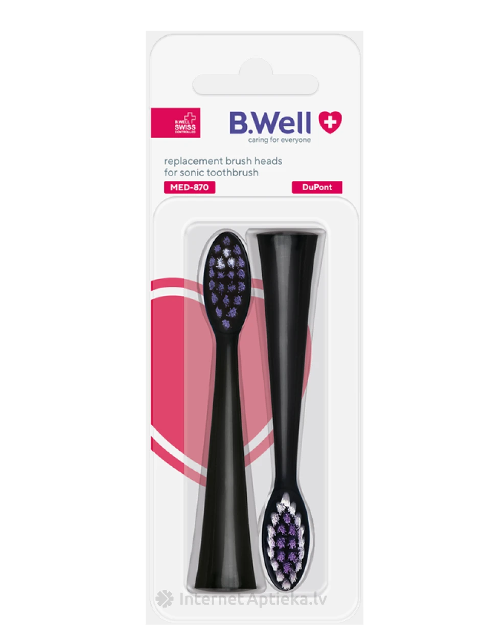 B.WELL MED-870 elektriskās zobu birstes melni uzgaļi, 2 gb. | internetaptieka.lv