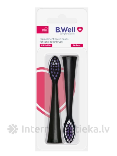 B.WELL MED-870 elektriskās zobu birstes melni uzgaļi, 2 gb. | internetaptieka.lv