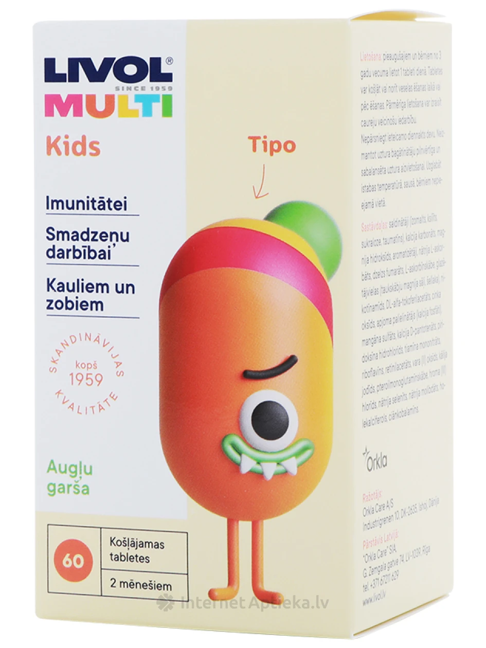 Livol Multi Kids košļājamās tabletes ar augļu garšu, 60 tabletes | internetaptieka.lv