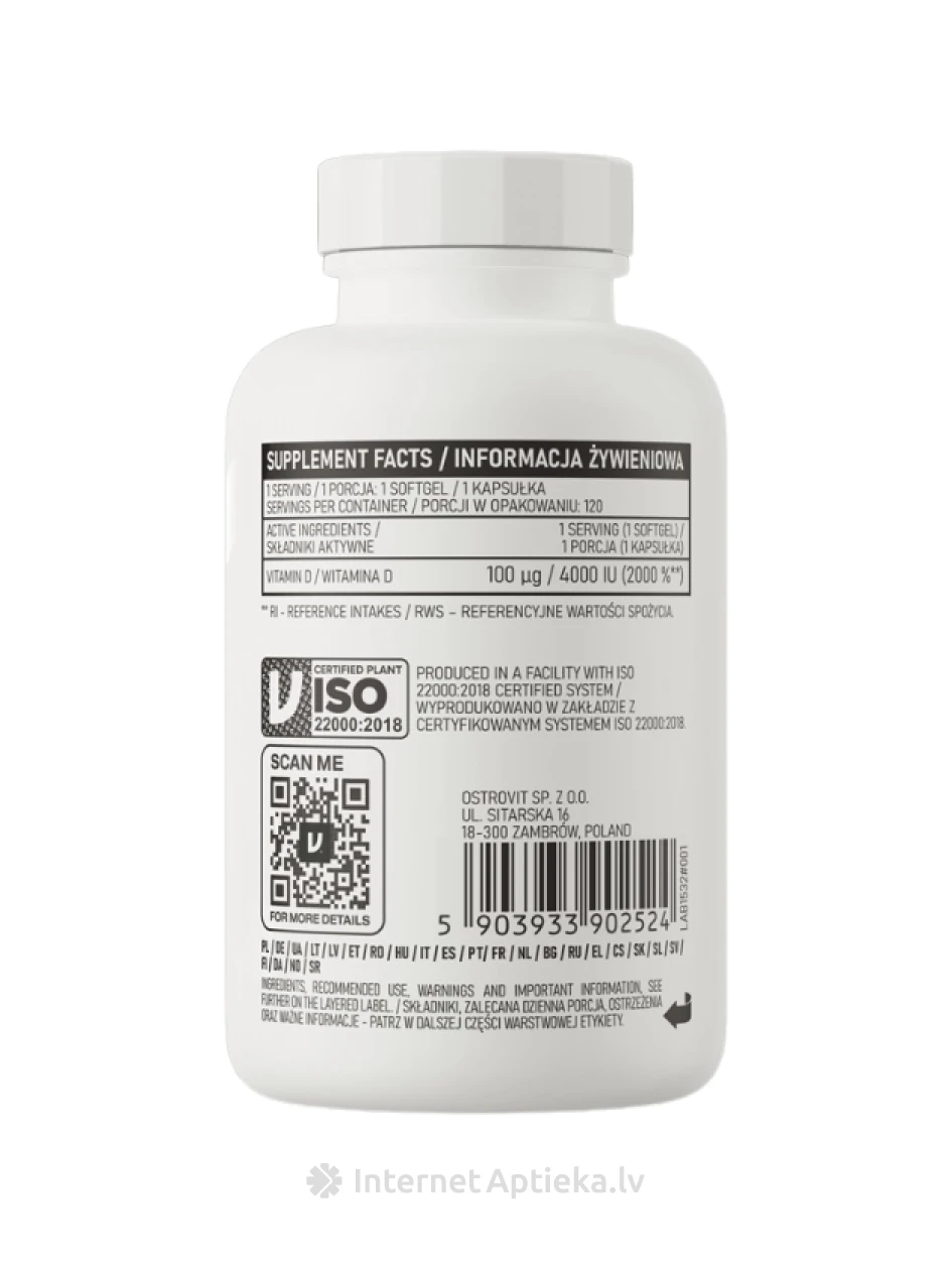 OstroVit Vitamin D3 4000 IU softgels kapsulas, 120 gb. | internetaptieka.lv