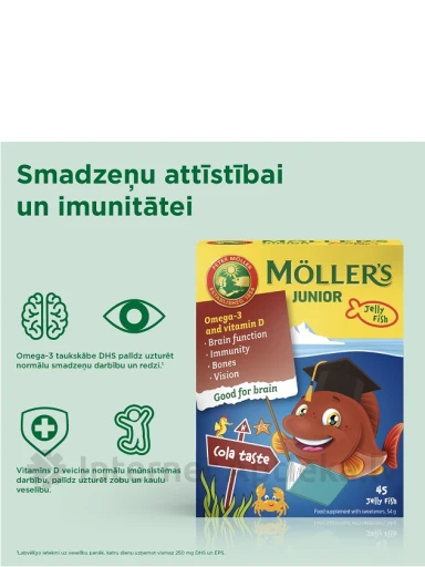 Möller′s Omega-3 Junior рыбий жир со вкусом колы, 45 пастилок | internetaptieka.lv