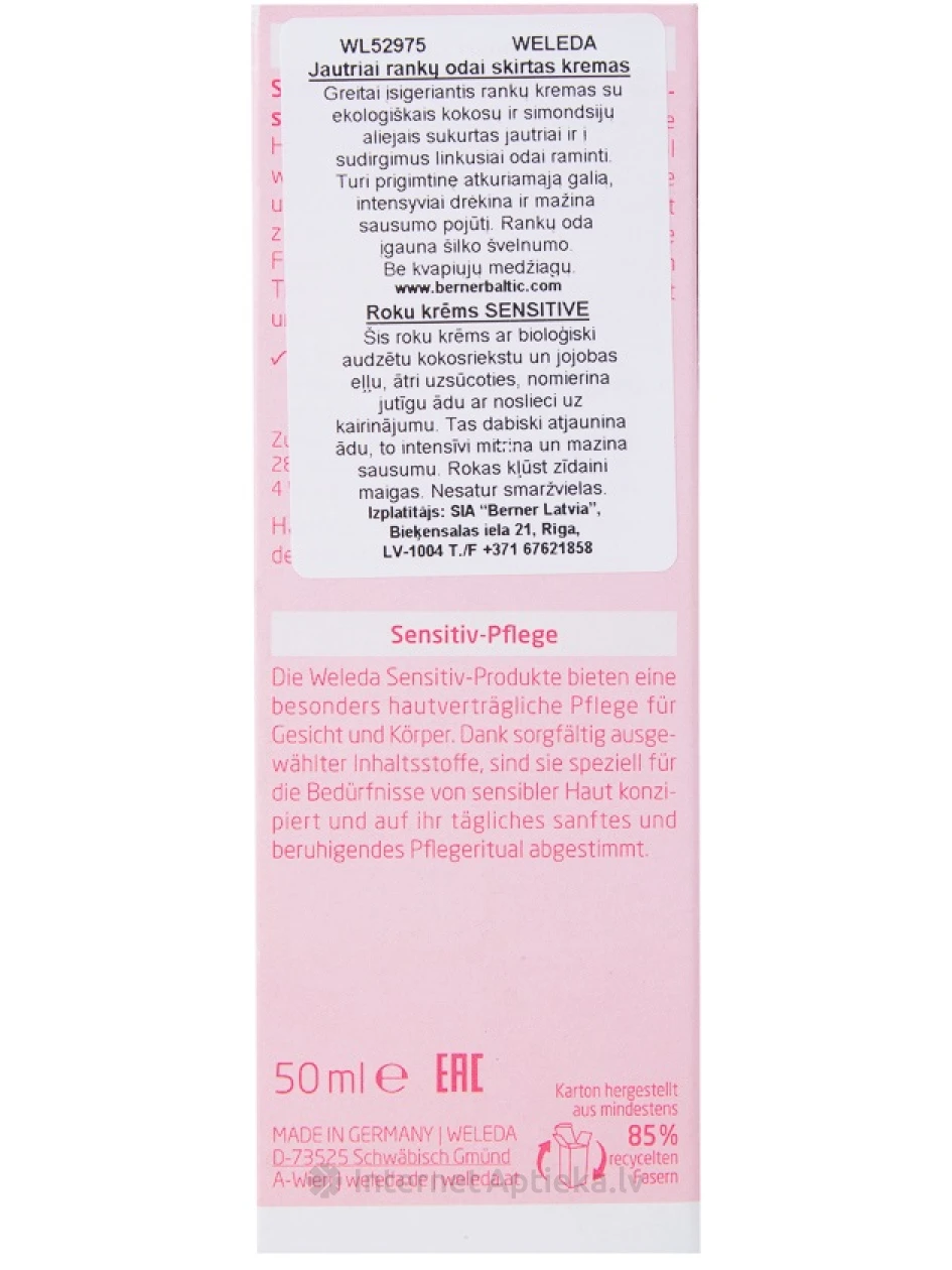 Weleda Sensitive nomierinošs roku krēms jutīgai ādai, 50 ml | internetaptieka.lv