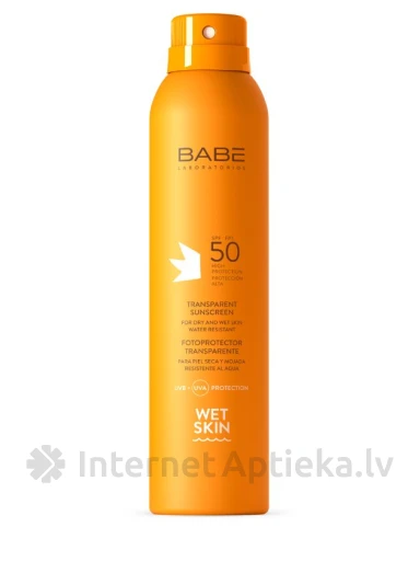 Babē прозрачный солнцезащитный спрей для влажной кожи SPF50, 200 мл | internetaptieka.lv
