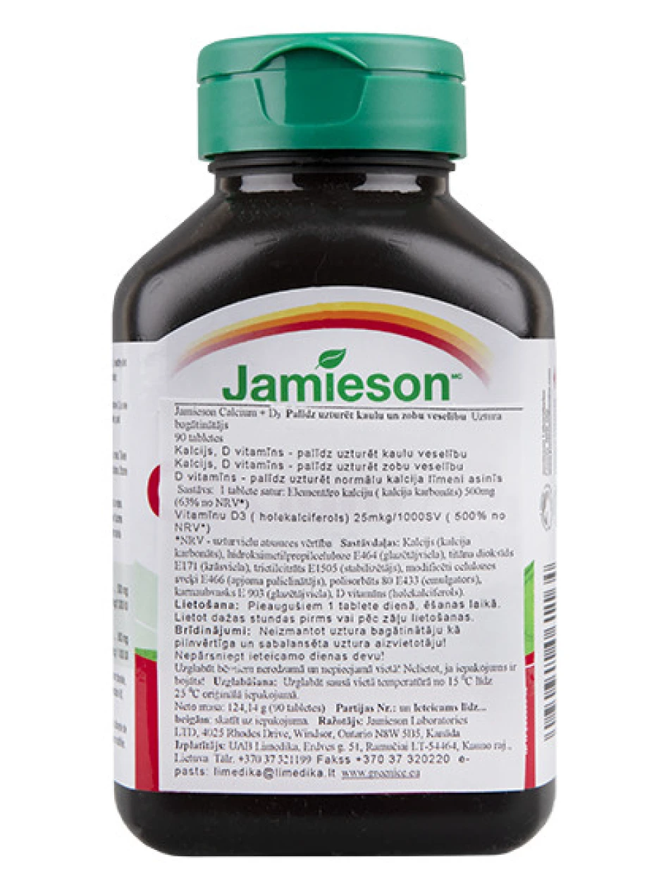 Jamiesoni kaltsium 500mg + D3 1000IU, 90 tabletti | internetaptieka.lv