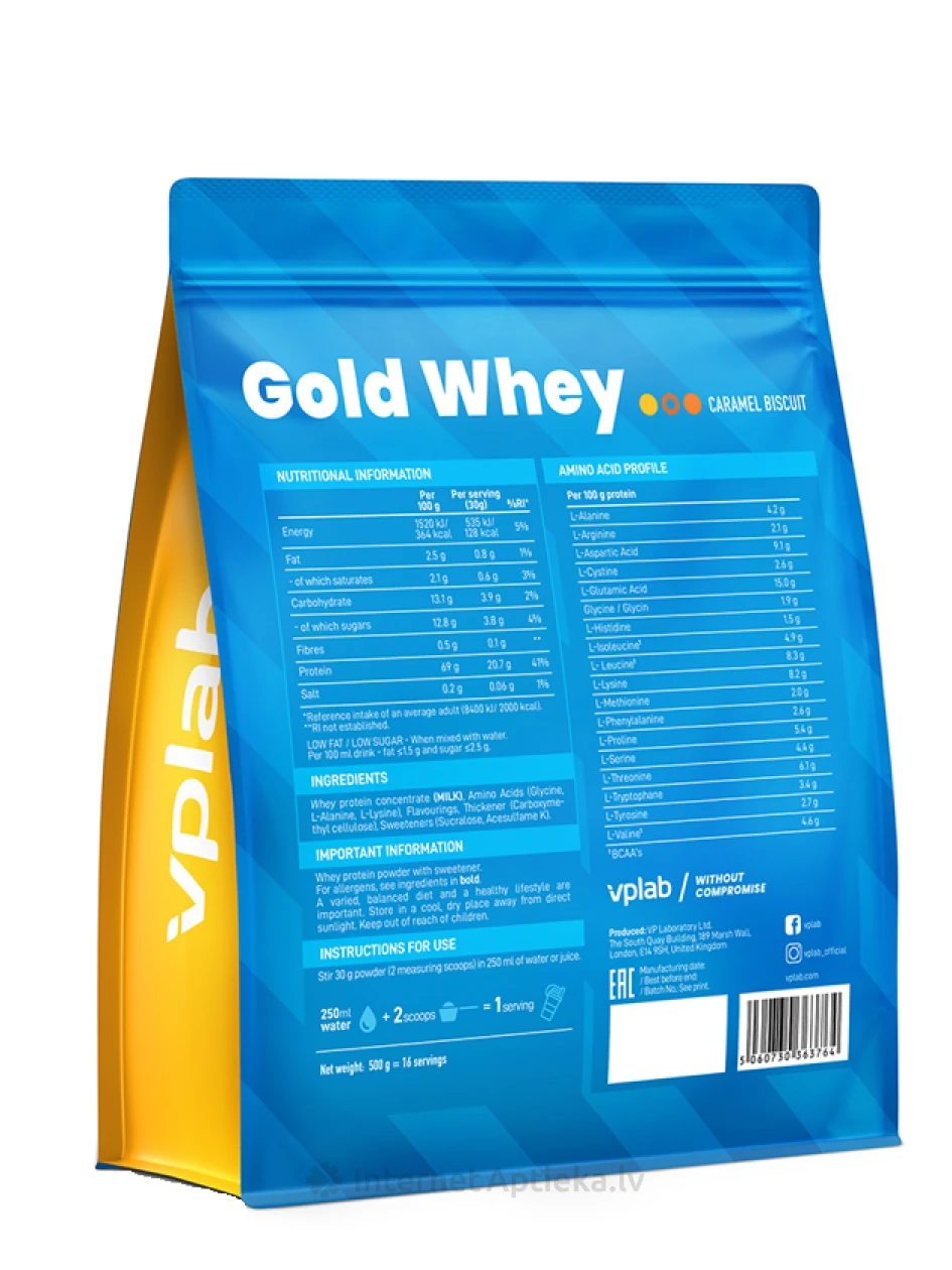 Vplab Gold Whey Caramel Biscuit sūkalu olbaltumvielu pulveris, 500 g | internetaptieka.lv
