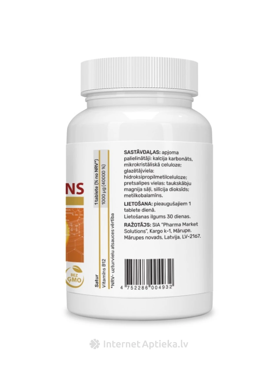 Vitamiin B12 (metüülkobalamiin) 1000mcg, 60 tabletti | internetaptieka.lv