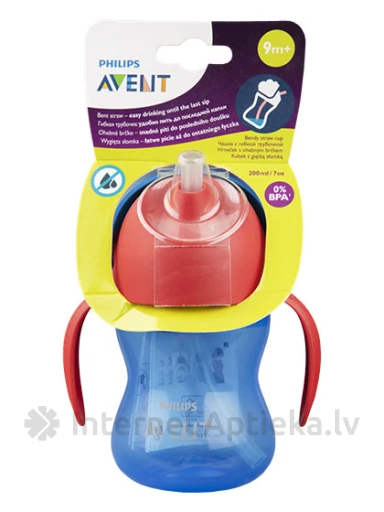 Philips Avent krūzīte ar elastīgu salmiņu, 200ml 9m+/zila | internetaptieka.lv