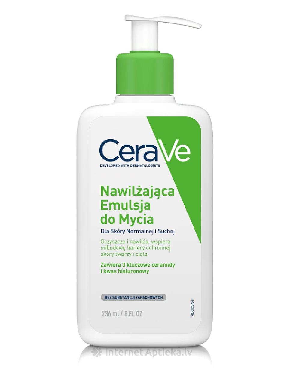 CeraVe Увлажняющая эмульсия с керамидами для мытья кожи лица и тела, 236 мл | internetaptieka.lv