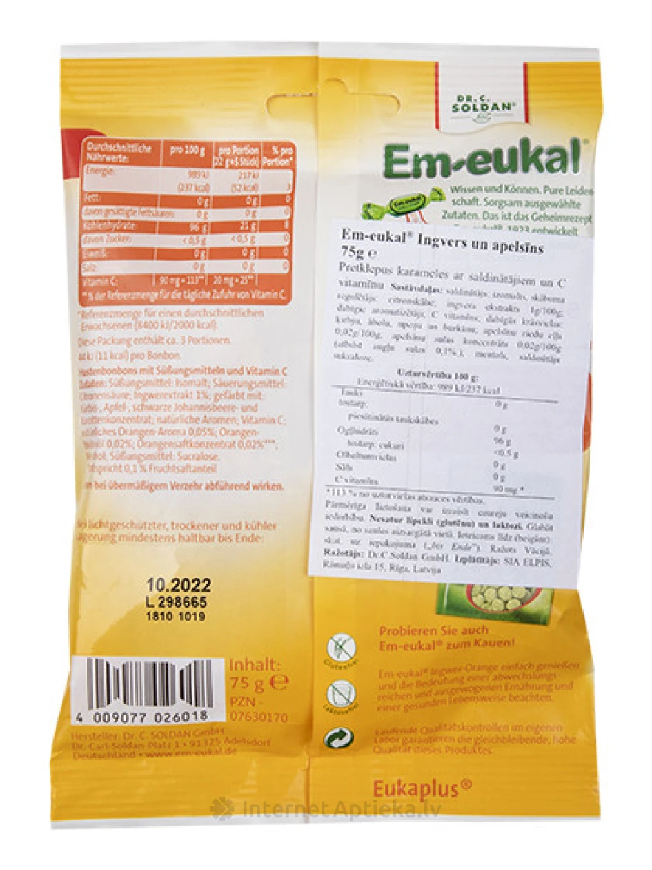 Em-Eukal ingveri ja apelsini kommid ilma suhkruta, 75 g | internetaptieka.lv
