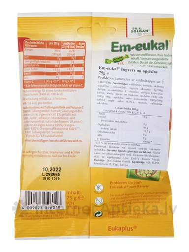 Em-Eukal konfektes ingvers un apelsīns bez cukura, 75 g | internetaptieka.lv