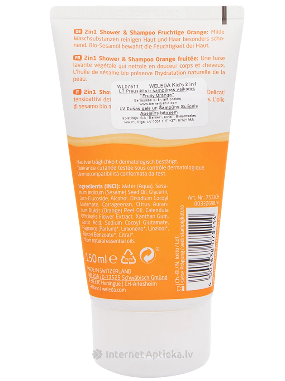 Weleda kids 2in1 dušas želeja un šampūns bērniem, apelsīnu, 150 ml | internetaptieka.lv