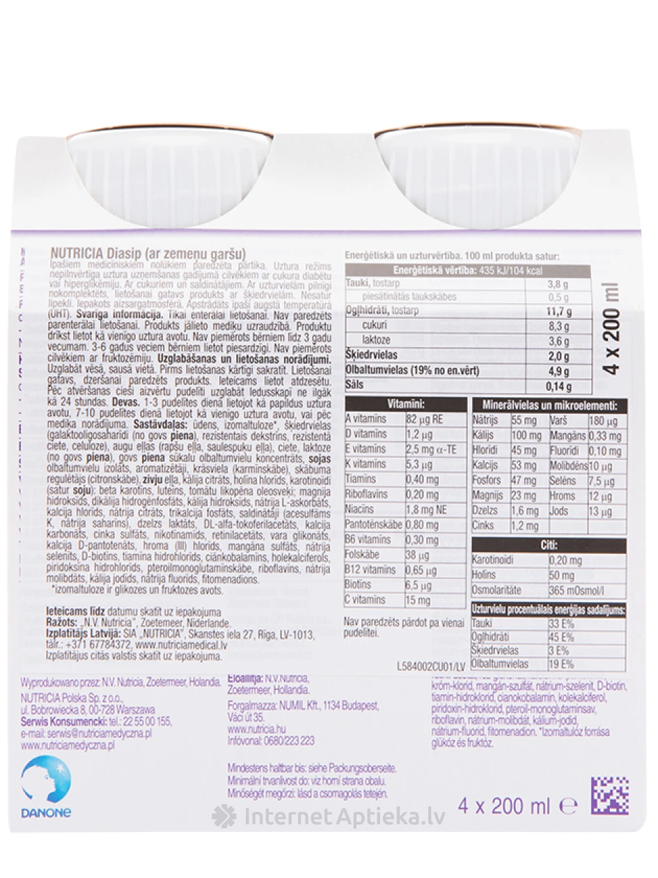 Nutricia Diasip ar zemeņu garšu, 4 x 200 ml | internetaptieka.lv