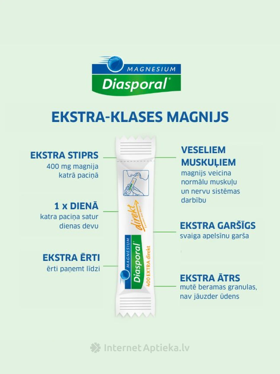 Magnesium Diasporal Extra Direkt 400 mg (magnijs), apelsīnu, 20 paciņas | internetaptieka.lv