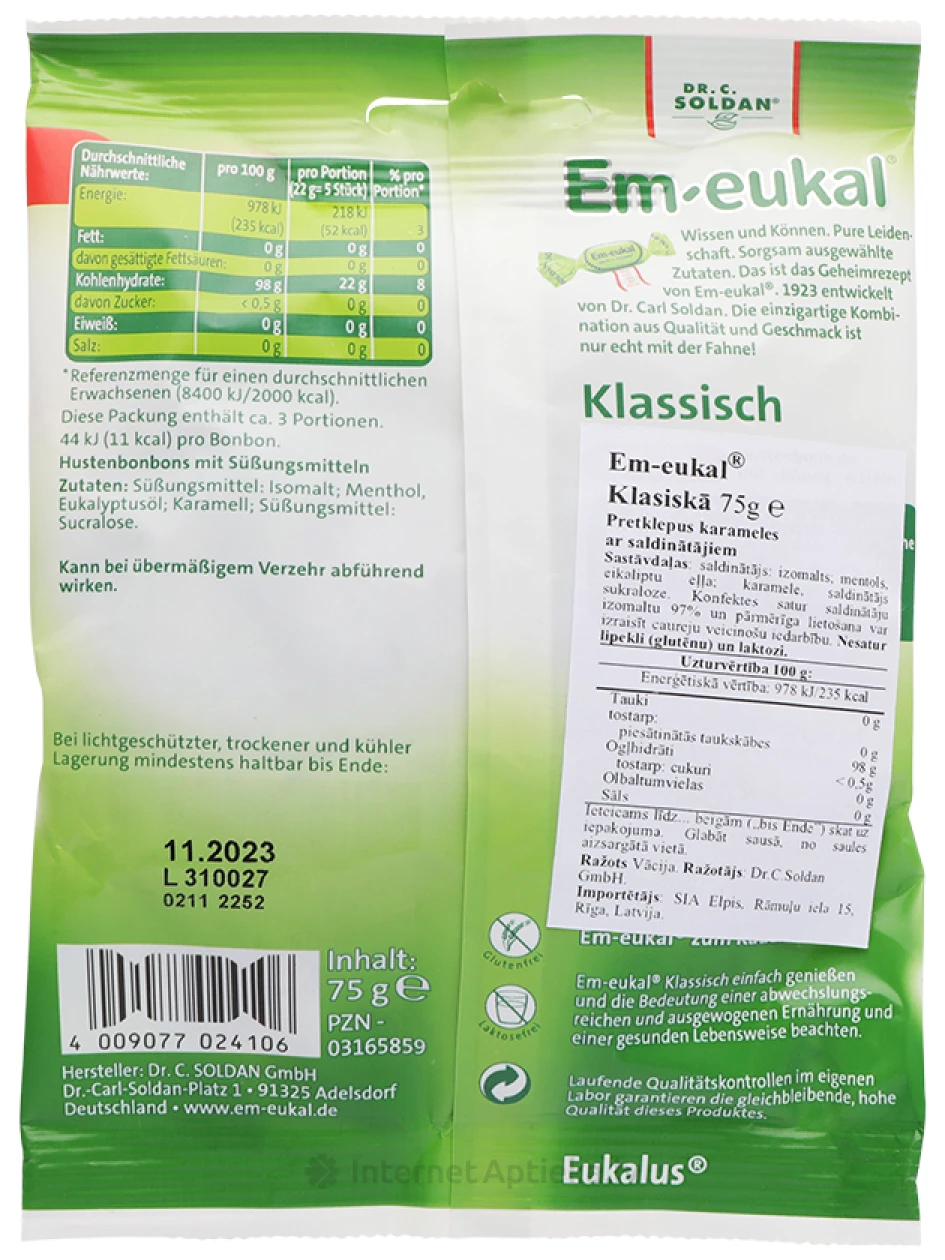 Em-Eukal конфеты классические (Без сахара), 75 г | internetaptieka.lv