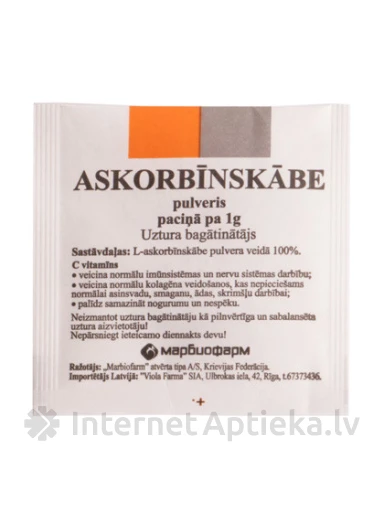 Аскорбиновая кислота (витамин С), порошок 1000 мг, 1 пакетик | internetaptieka.lv