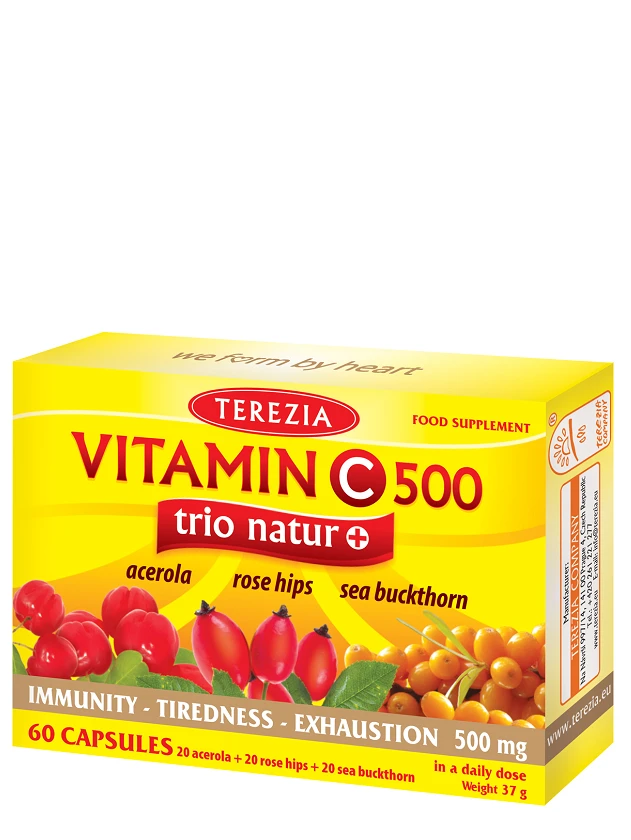 Terezia Vitamin C 500 Trio Natur+ (acerola, suņu roze, smiltsērkšķi), 60 kapsulas
