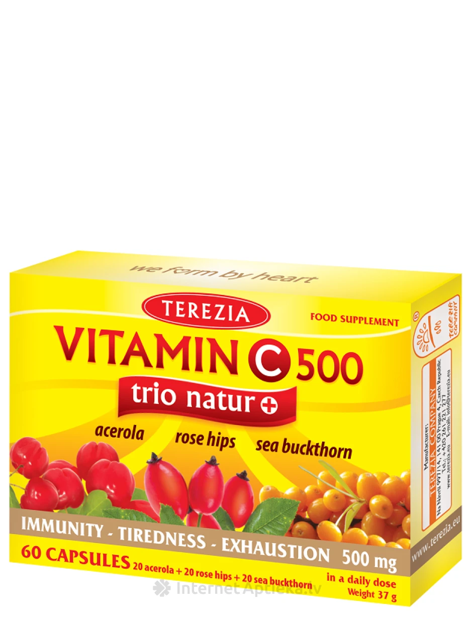 Terezia VITAMIN C 500 trio natur + (acerola, suņu roze, smiltsērkšķi), 60 kapsulas | internetaptieka.lv