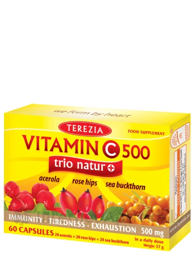 Terezia VITAMIN C 500 trio natur + (acerola, suņu roze, smiltsērkšķi), 60 kapsulas | internetaptieka.lv