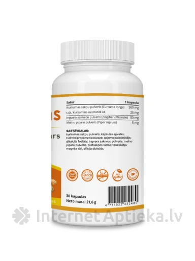 Kurkumiin+ingver+must pipar kapslit, 30 tk. | internetaptieka.lv