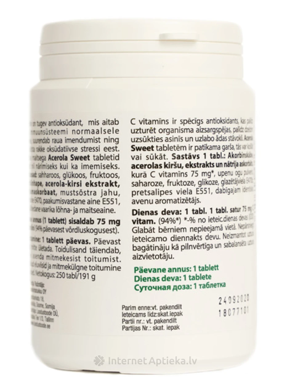 Acerola Sweet looduslik C-vitamiin (75 mg), 250 tabletti | internetaptieka.lv