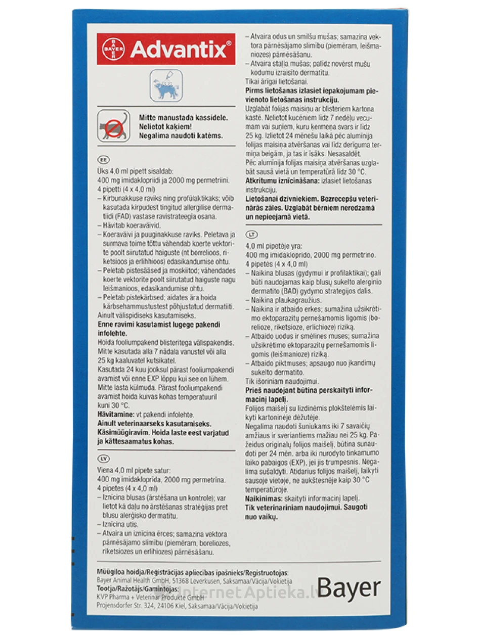 Advantix 400mg šķīdums 4ml suņiem 25-40kg, 4 gb. | internetaptieka.lv