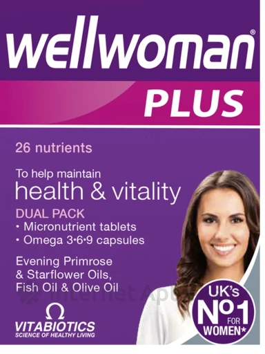 Vitabiotics Wellwoman Plus Omega 3-6-9, 28 tabletes un 28 kapsulas | internetaptieka.lv
