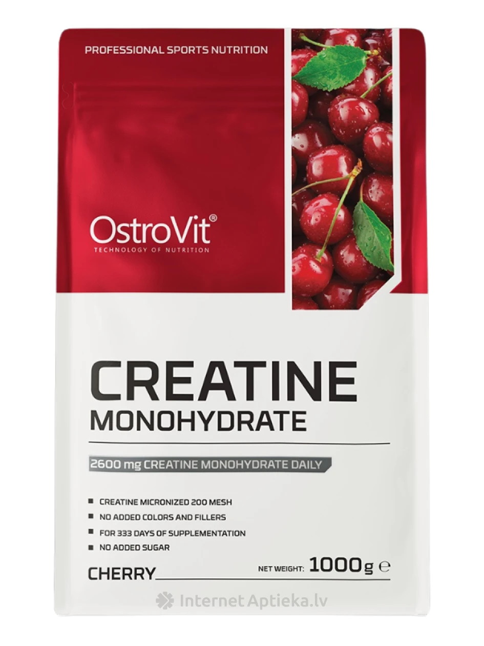 OstroVit 100% Creatine Monohydrate Cherry Pulveris, 1000 g | internetaptieka.lv