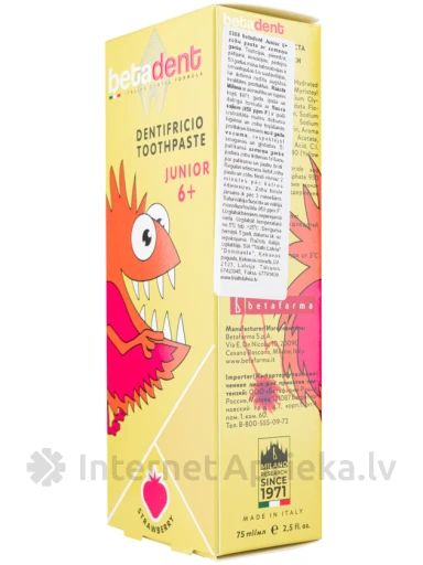 Betadent Junior 6+ детская зубная паста STRAWBERRY, 75 мл | internetaptieka.lv