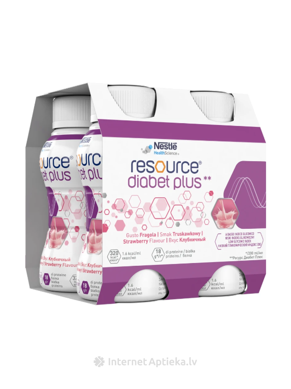 Resource Diabet Plus strawberry maitsega Toit meditsiiniliseks otstarbeks, 4 x 200 ml | internetaptieka.lv