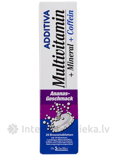 ADDITIVA Мультивитамины + минералы + кофеин с ананасовым вкусом, 20 таблеток | internetaptieka.lv