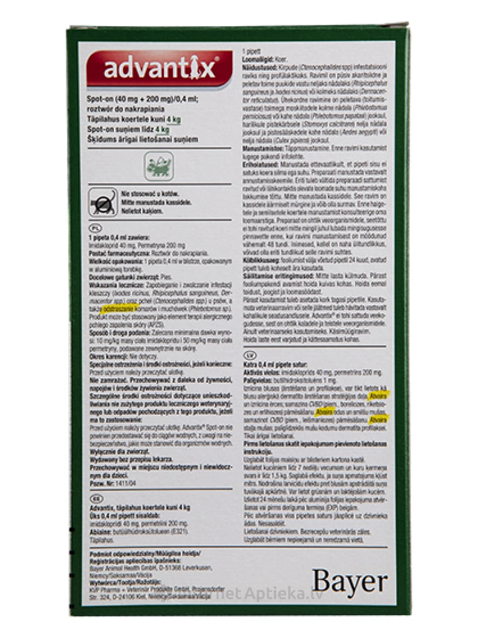Advantix šķīdums pret blusām un ērcēm suņiem līdz 4 kg, 1 gb. | internetaptieka.lv