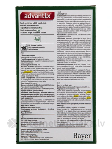 Advantix šķīdums pret blusām un ērcēm suņiem līdz 4 kg, 1 gb. | internetaptieka.lv
