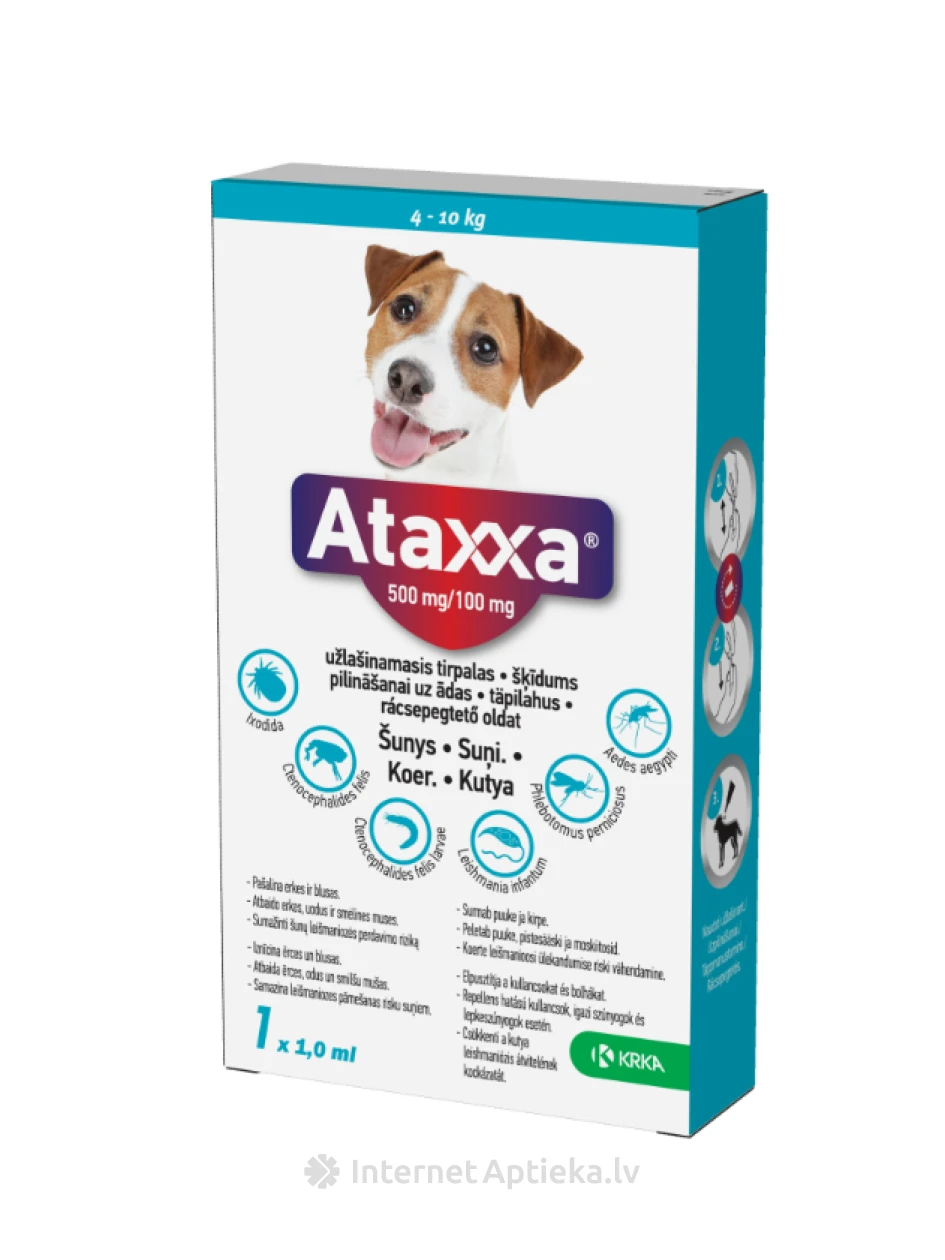 Ataxxa 500/100mg šķīd 1ml suņiem 4-10kg, 1 gb. | internetaptieka.lv