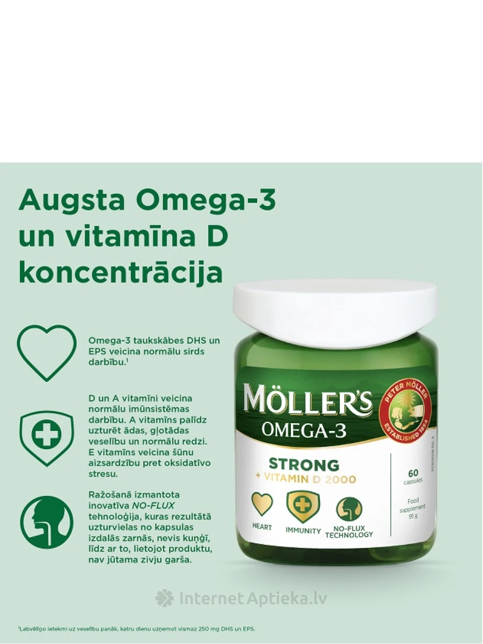 Moller's Strong + D vitamin 2000 IU, 60 kapsulas | internetaptieka.lv