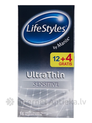 LifeStyles Ultra Thin Sensitive Prezervatīvi, 12 + 4 gb. | internetaptieka.lv