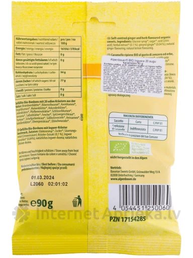 Alpenbauer Bio конфеты, экстракт 20 трав и имбирь, 90 г | internetaptieka.lv