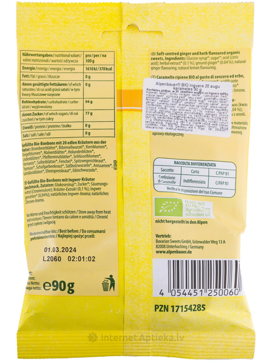 Alpenbauer Bio конфеты, экстракт 20 трав и имбирь, 90 г | internetaptieka.lv