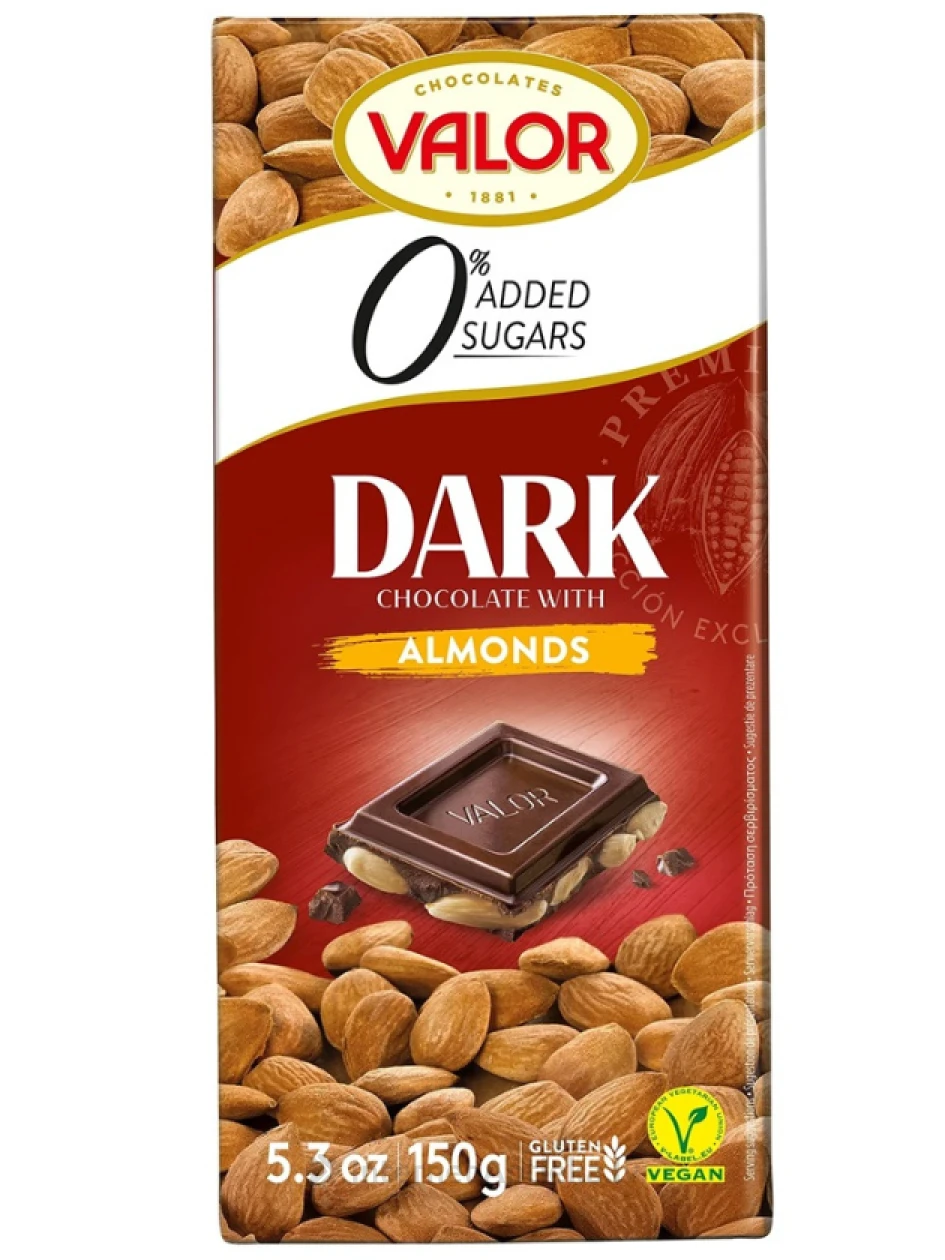 Шоколад Valor темный с цельными миндалями, без сахара, 150 г | internetaptieka.lv
