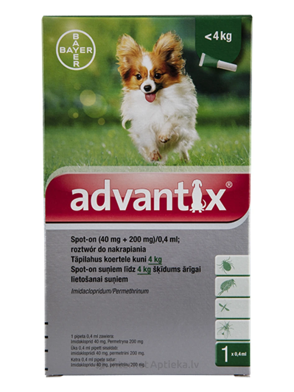Advantix šķīdums pret blusām un ērcēm suņiem līdz 4 kg, 1 gb. | internetaptieka.lv