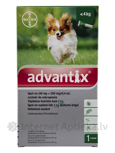 Advantixi lahus kirpude ja puukide vastu koertele kaaluga kuni 4 kg, 1 tk. | internetaptieka.lv