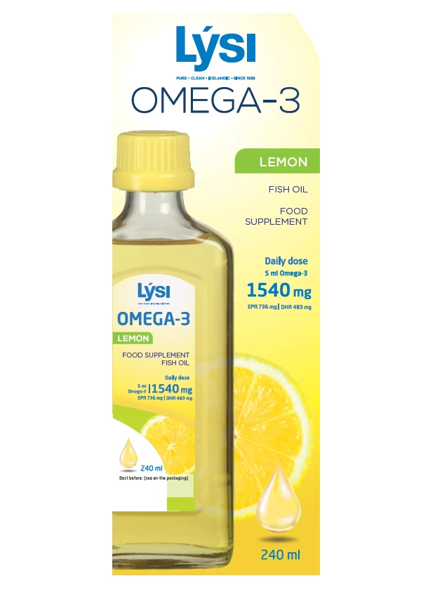 LYSI Omega-3 zivju eļļa ar citronu garšu, 240 ml
