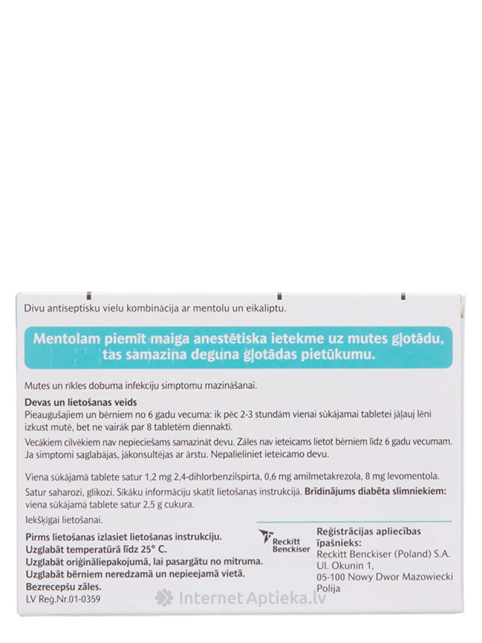 Strepsils Menthol & Eucalyptus, 24 sūkajamās tabletes | internetaptieka.lv