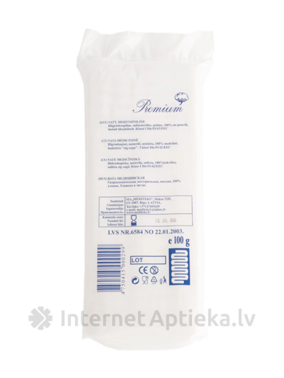 Premium Вата медицинская, гофрированная, 100 г | internetaptieka.lv