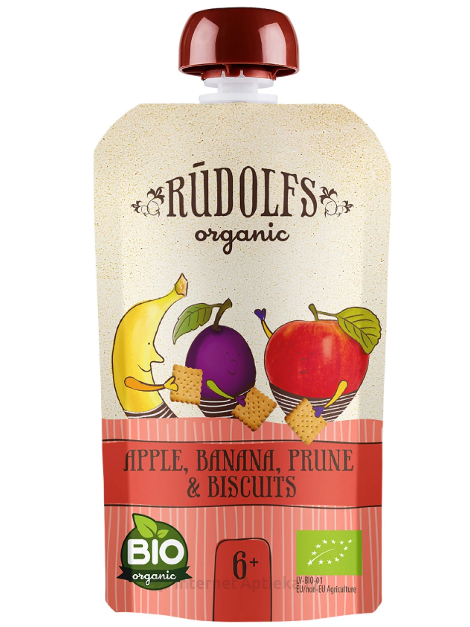 Rūdolfs BIO Ābolu banānu žāvētu plūmju ar cepumiem biezenis DP, 110 g | internetaptieka.lv