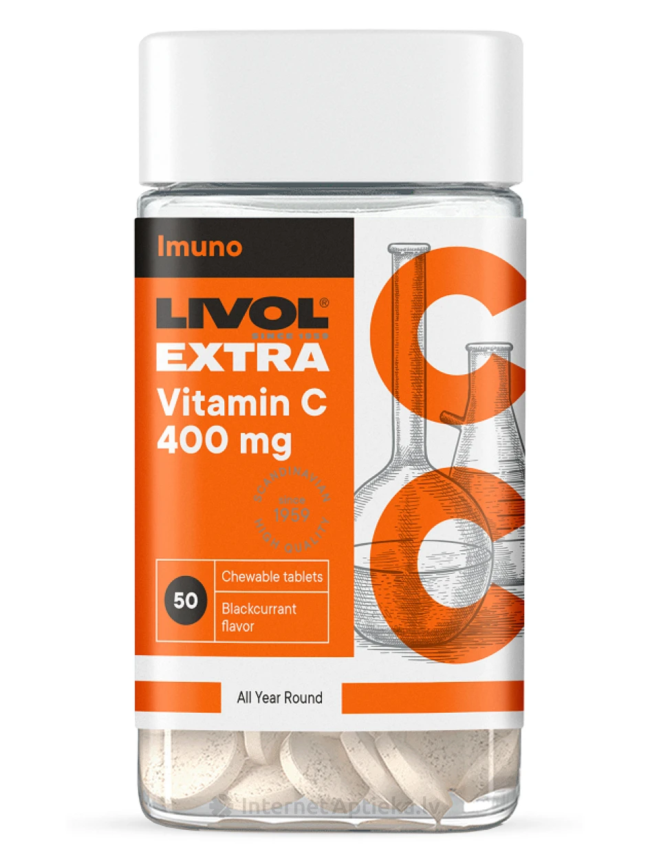 LIVOL EXTRA C-vitamiin 400 mg mustsõstra maitsega, 50 tabletti | internetaptieka.lv
