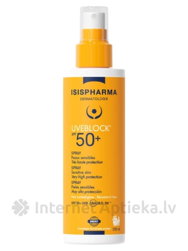 ISISPHARMA UVEBLOCK SPF50+ kõrge kaitsega sprei näole ja kehale, 200 ml | internetaptieka.lv